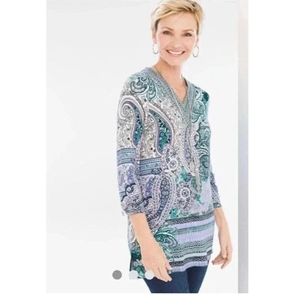 Chico's Villa Paisley Blouse Top Pullover Shirt 3/4 Sleeves Size 2 Large Stretch